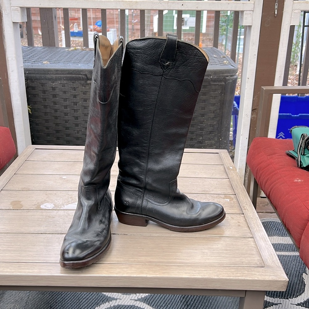 Frye Black Leather Tall Riding-Style Boots, size 6